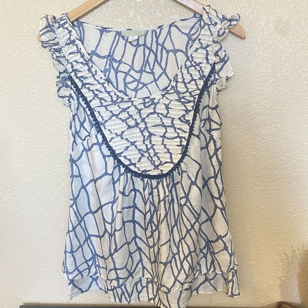 Lil 100% Silk Womens Flutter Sleeve Blouse Blue White Nautical Rope Net Print 10